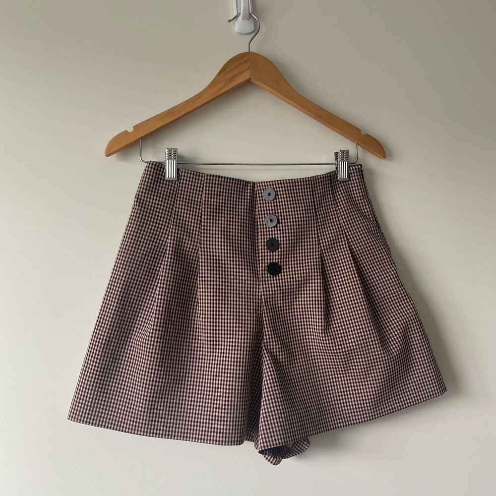 Zara Plaid High Waist Cotton Blend Pleated Shorts Side Zipper Size Medium